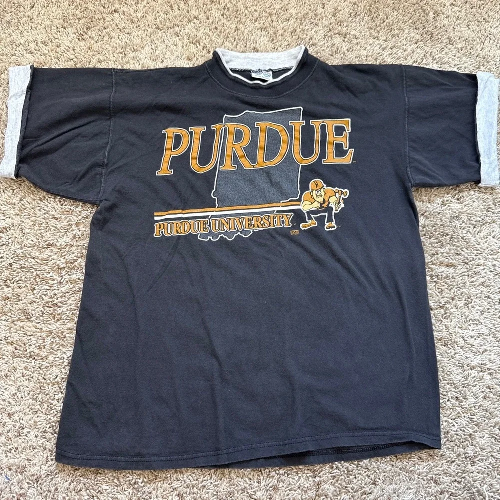 Vintage 20/20 Sport Purdue University T-Shirt Black Double Neck Mens L
